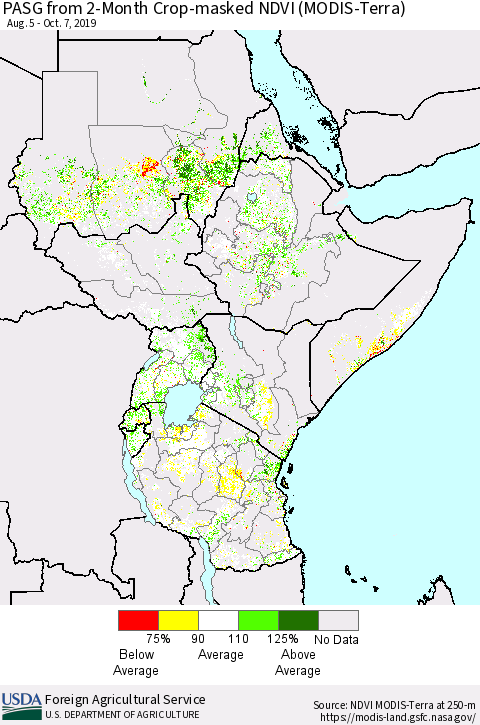 Eastern Africa PASG from 2-Month Cropland NDVI (Terra-MODIS) Thematic Map For 10/1/2019 - 10/10/2019