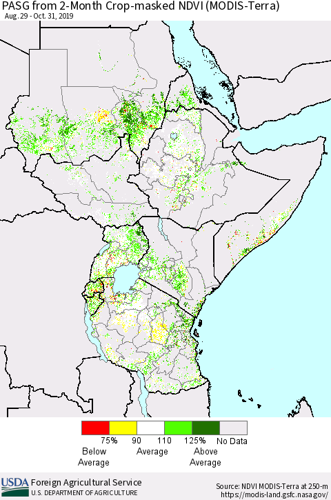 Eastern Africa PASG from 2-Month Cropland NDVI (Terra-MODIS) Thematic Map For 10/21/2019 - 10/31/2019