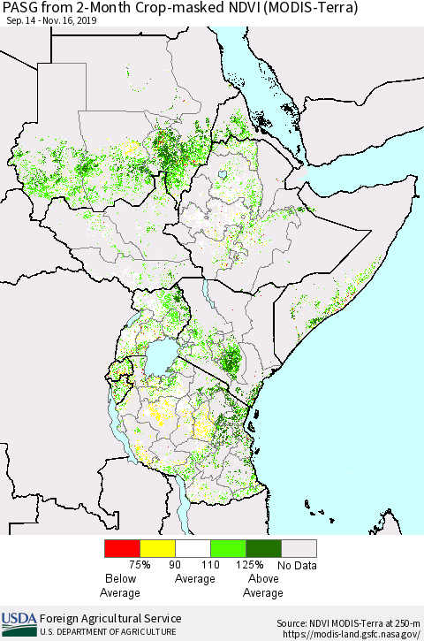 Eastern Africa PASG from 2-Month Cropland NDVI (Terra-MODIS) Thematic Map For 11/11/2019 - 11/20/2019