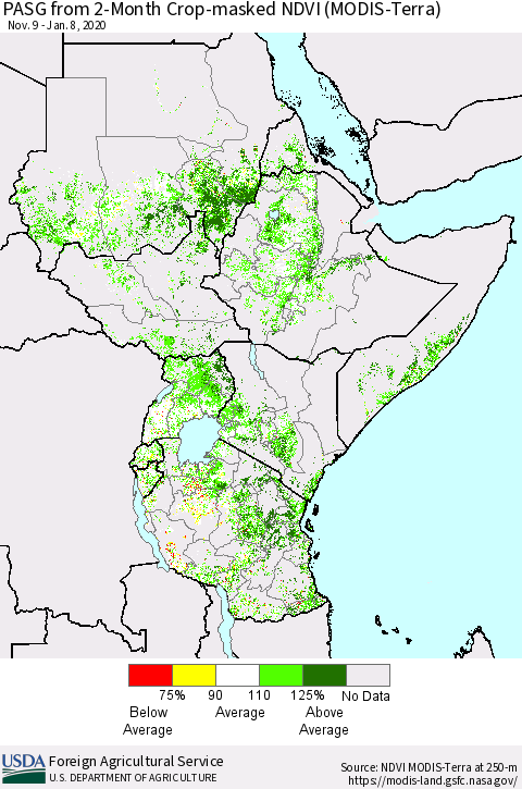 Eastern Africa PASG from 2-Month Cropland NDVI (Terra-MODIS) Thematic Map For 1/1/2020 - 1/10/2020