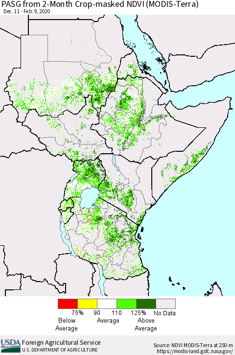 Eastern Africa PASG from 2-Month Cropland NDVI (Terra-MODIS) Thematic Map For 2/1/2020 - 2/10/2020