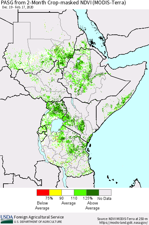 Eastern Africa PASG from 2-Month Cropland NDVI (Terra-MODIS) Thematic Map For 2/11/2020 - 2/20/2020