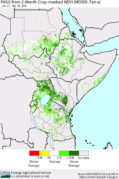 Eastern Africa PASG from 2-Month Cropland NDVI (Terra-MODIS) Thematic Map For 3/11/2020 - 3/20/2020