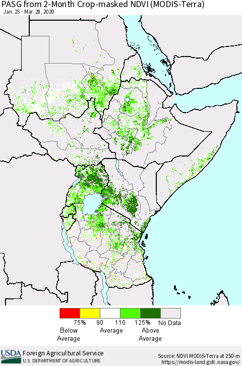 Eastern Africa PASG from 2-Month Cropland NDVI (Terra-MODIS) Thematic Map For 3/21/2020 - 3/31/2020