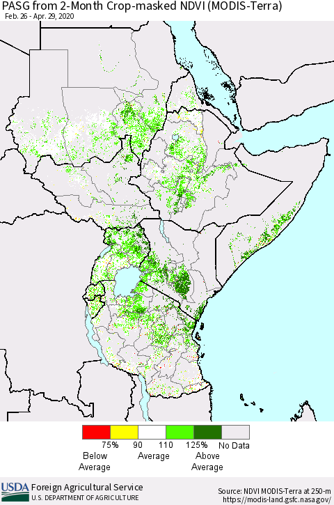 Eastern Africa PASG from 2-Month Cropland NDVI (Terra-MODIS) Thematic Map For 4/21/2020 - 4/30/2020