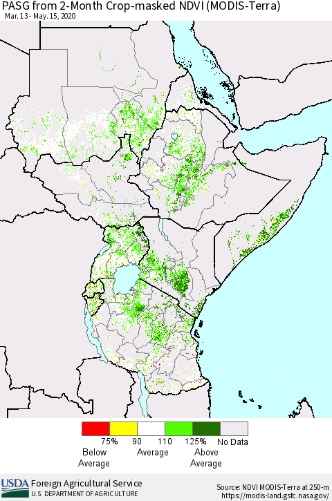 Eastern Africa PASG from 2-Month Cropland NDVI (Terra-MODIS) Thematic Map For 5/11/2020 - 5/20/2020