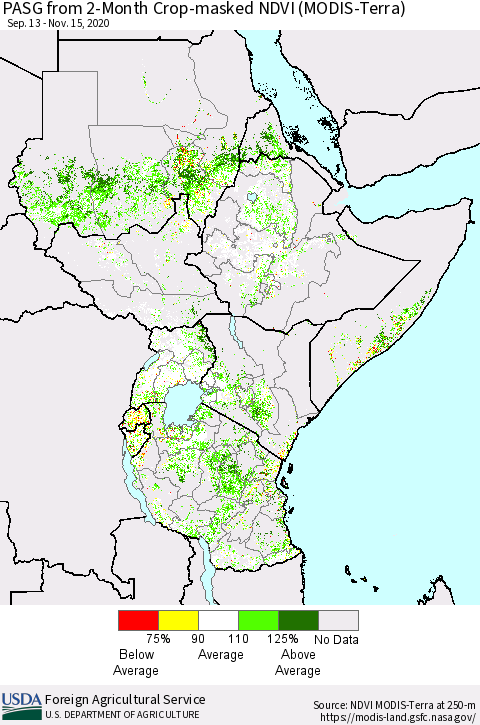 Eastern Africa PASG from 2-Month Cropland NDVI (Terra-MODIS) Thematic Map For 11/11/2020 - 11/20/2020