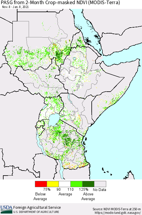 Eastern Africa PASG from 2-Month Cropland NDVI (Terra-MODIS) Thematic Map For 1/1/2021 - 1/10/2021