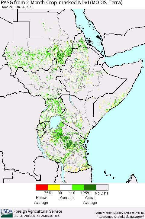 Eastern Africa PASG from 2-Month Cropland NDVI (Terra-MODIS) Thematic Map For 1/21/2021 - 1/31/2021