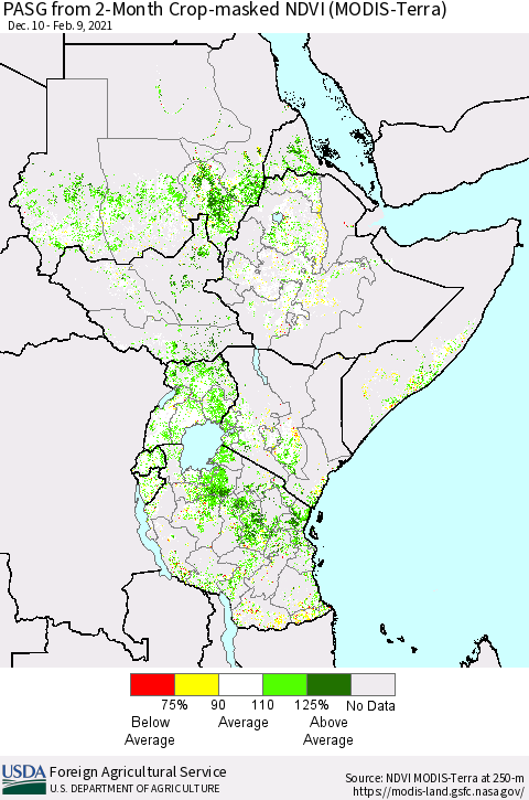 Eastern Africa PASG from 2-Month Cropland NDVI (Terra-MODIS) Thematic Map For 2/1/2021 - 2/10/2021