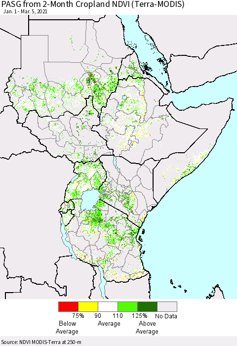Eastern Africa PASG from 2-Month Cropland NDVI (Terra-MODIS) Thematic Map For 2/26/2021 - 3/5/2021