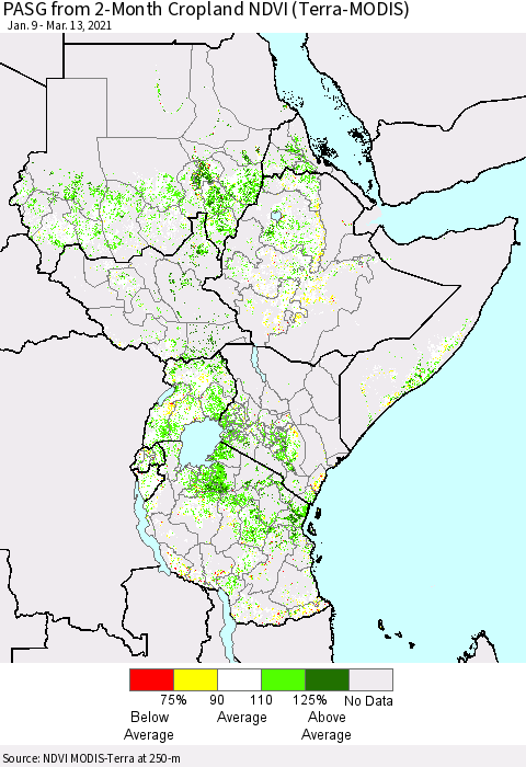 Eastern Africa PASG from 2-Month Cropland NDVI (Terra-MODIS) Thematic Map For 3/6/2021 - 3/13/2021