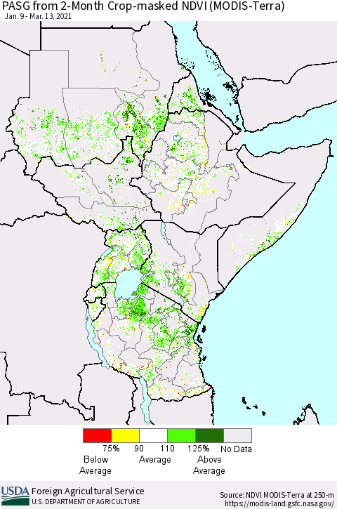 Eastern Africa PASG from 2-Month Cropland NDVI (Terra-MODIS) Thematic Map For 3/11/2021 - 3/20/2021