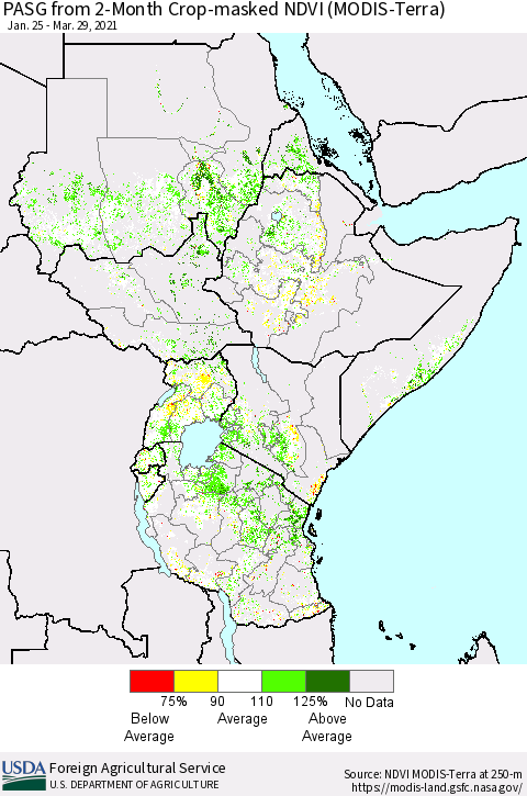 Eastern Africa PASG from 2-Month Cropland NDVI (Terra-MODIS) Thematic Map For 3/21/2021 - 3/31/2021