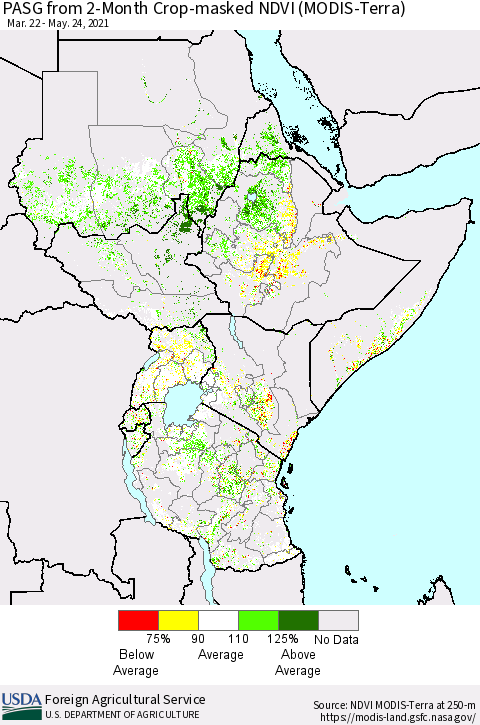Eastern Africa PASG from 2-Month Cropland NDVI (Terra-MODIS) Thematic Map For 5/21/2021 - 5/31/2021