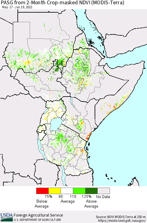 Eastern Africa PASG from 2-Month Cropland NDVI (Terra-MODIS) Thematic Map For 7/11/2021 - 7/20/2021