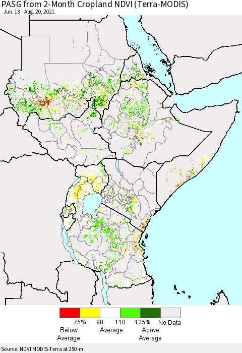 Eastern Africa PASG from 2-Month Cropland NDVI (Terra-MODIS) Thematic Map For 8/11/2021 - 8/20/2021