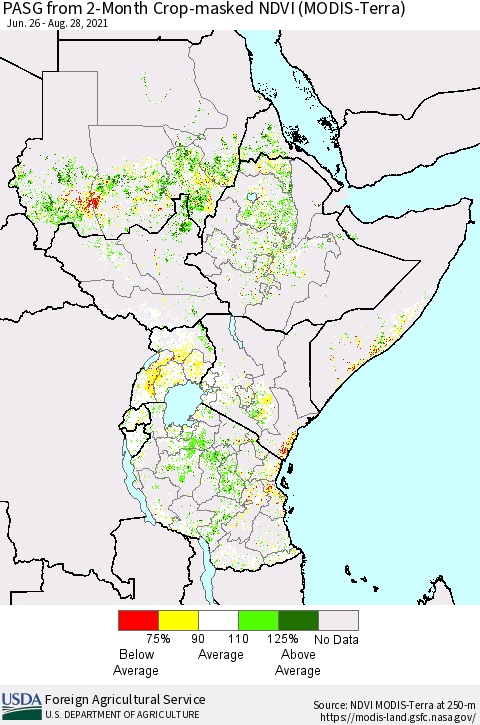Eastern Africa PASG from 2-Month Cropland NDVI (Terra-MODIS) Thematic Map For 8/21/2021 - 8/31/2021