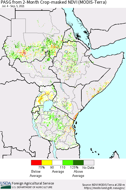 Eastern Africa PASG from 2-Month Cropland NDVI (Terra-MODIS) Thematic Map For 9/1/2021 - 9/10/2021