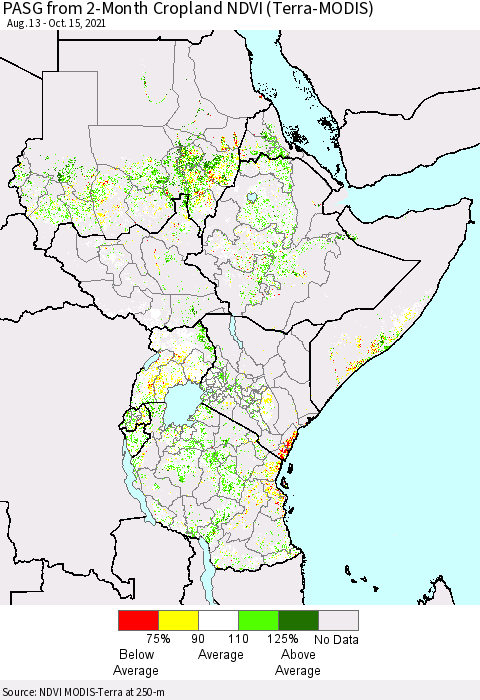 Eastern Africa PASG from 2-Month Cropland NDVI (Terra-MODIS) Thematic Map For 10/8/2021 - 10/15/2021