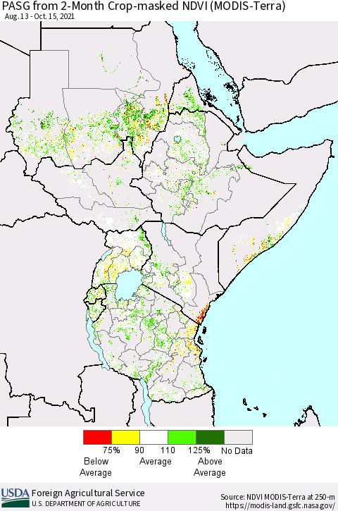Eastern Africa PASG from 2-Month Cropland NDVI (Terra-MODIS) Thematic Map For 10/11/2021 - 10/20/2021