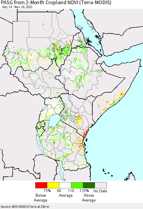Eastern Africa PASG from 2-Month Cropland NDVI (Terra-MODIS) Thematic Map For 11/9/2021 - 11/16/2021