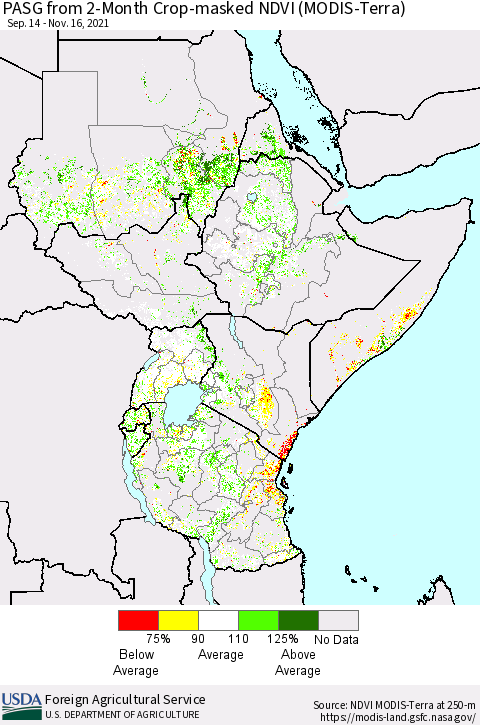 Eastern Africa PASG from 2-Month Cropland NDVI (Terra-MODIS) Thematic Map For 11/11/2021 - 11/20/2021