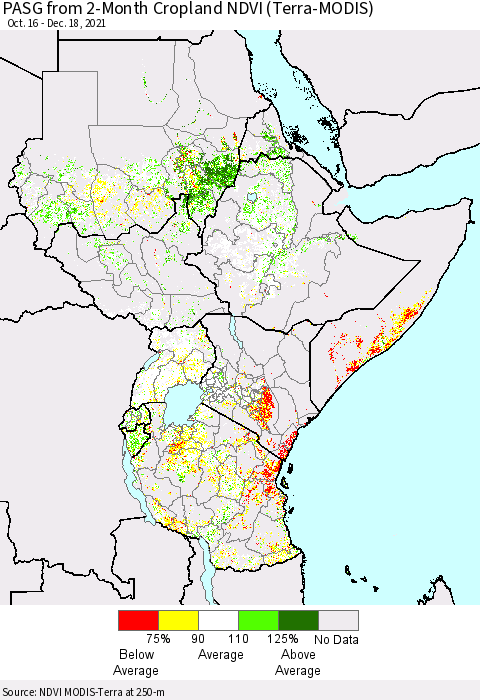 Eastern Africa PASG from 2-Month Cropland NDVI (Terra-MODIS) Thematic Map For 12/11/2021 - 12/18/2021