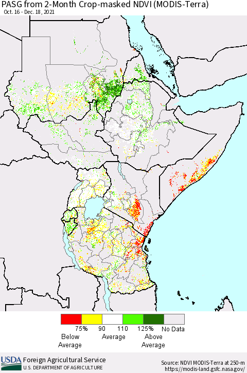 Eastern Africa PASG from 2-Month Cropland NDVI (Terra-MODIS) Thematic Map For 12/11/2021 - 12/20/2021