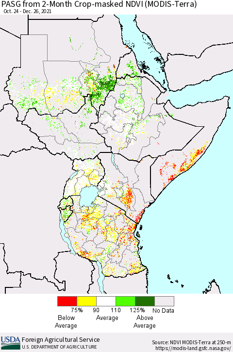 Eastern Africa PASG from 2-Month Crop-masked NDVI (MODIS-Terra) Thematic Map For 12/21/2021 - 12/31/2021