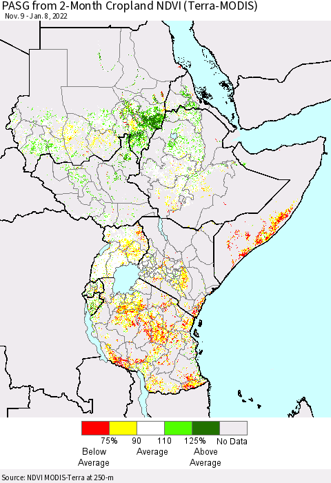 Eastern Africa PASG from 2-Month Cropland NDVI (Terra-MODIS) Thematic Map For 1/1/2022 - 1/8/2022