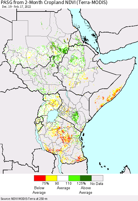 Eastern Africa PASG from 2-Month Cropland NDVI (Terra-MODIS) Thematic Map For 2/10/2022 - 2/17/2022