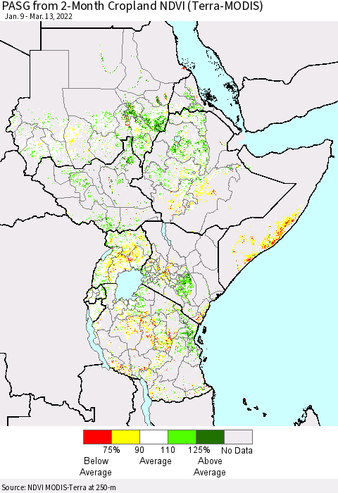 Eastern Africa PASG from 2-Month Cropland NDVI (Terra-MODIS) Thematic Map For 3/6/2022 - 3/13/2022