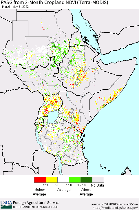 Eastern Africa PASG from 2-Month Cropland NDVI (Terra-MODIS) Thematic Map For 5/1/2022 - 5/10/2022