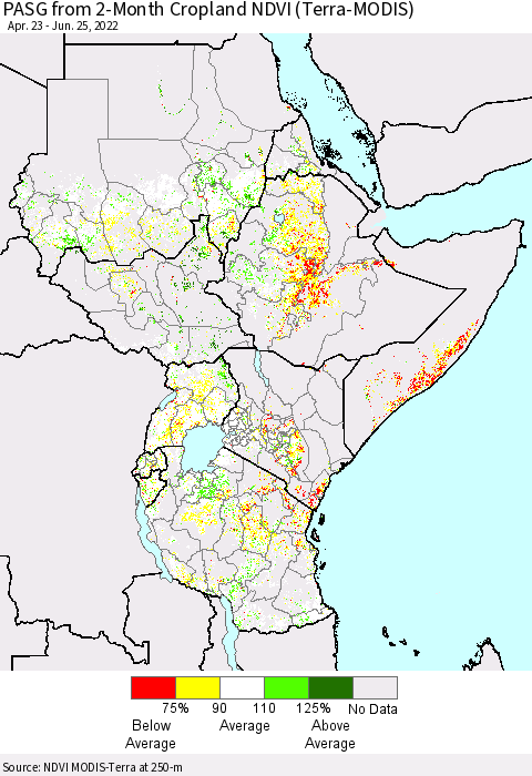 Eastern Africa PASG from 2-Month Cropland NDVI (Terra-MODIS) Thematic Map For 6/18/2022 - 6/25/2022