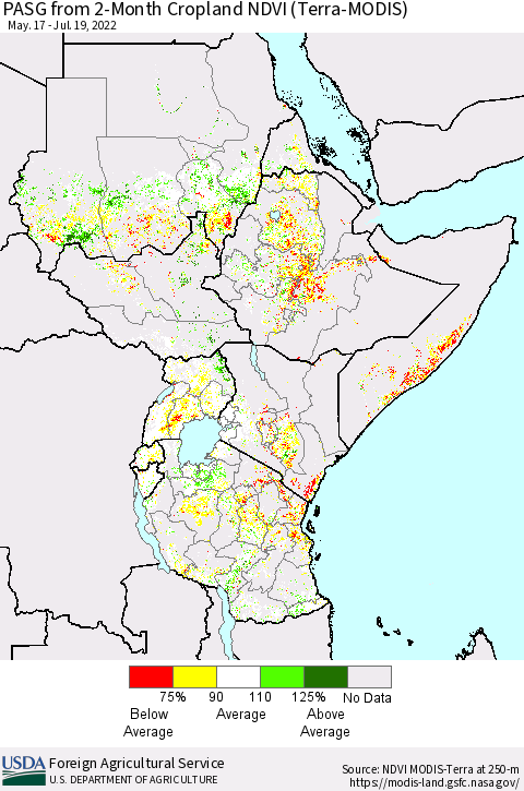 Eastern Africa PASG from 2-Month Cropland NDVI (Terra-MODIS) Thematic Map For 7/11/2022 - 7/20/2022