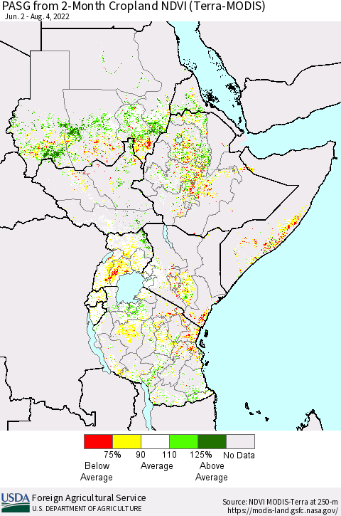 Eastern Africa PASG from 2-Month Cropland NDVI (Terra-MODIS) Thematic Map For 8/1/2022 - 8/10/2022