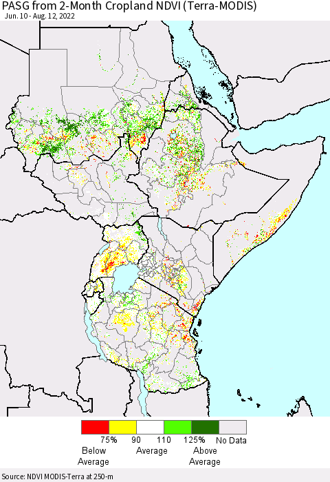 Eastern Africa PASG from 2-Month Cropland NDVI (Terra-MODIS) Thematic Map For 8/5/2022 - 8/12/2022