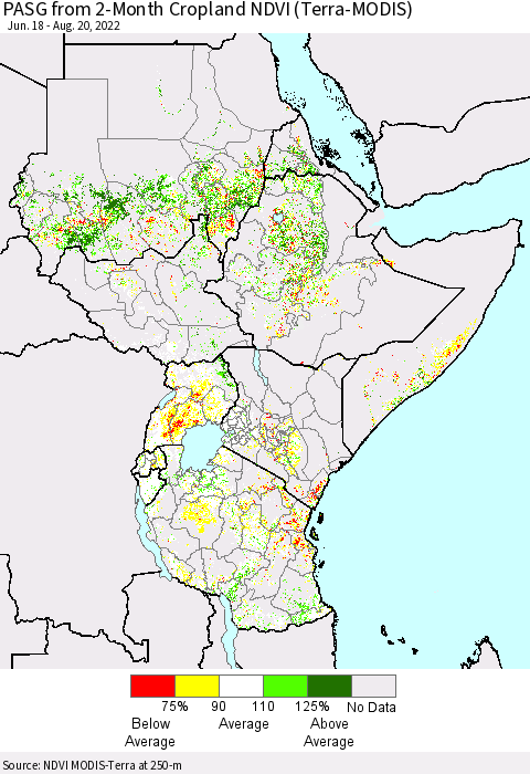 Eastern Africa PASG from 2-Month Cropland NDVI (Terra-MODIS) Thematic Map For 8/11/2022 - 8/20/2022