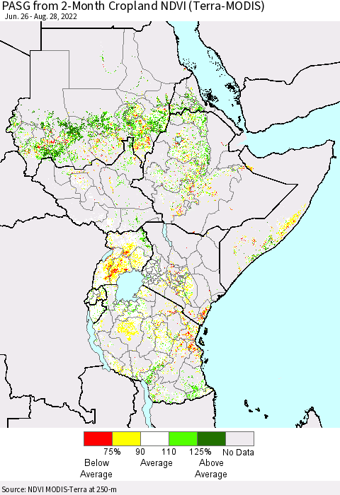 Eastern Africa PASG from 2-Month Cropland NDVI (Terra-MODIS) Thematic Map For 8/21/2022 - 8/28/2022