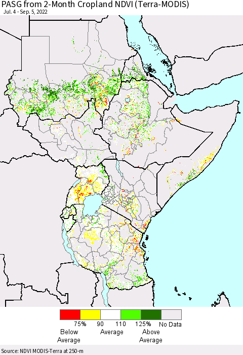 Eastern Africa PASG from 2-Month Cropland NDVI (Terra-MODIS) Thematic Map For 8/29/2022 - 9/5/2022