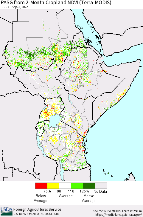 Eastern Africa PASG from 2-Month Cropland NDVI (Terra-MODIS) Thematic Map For 9/1/2022 - 9/10/2022