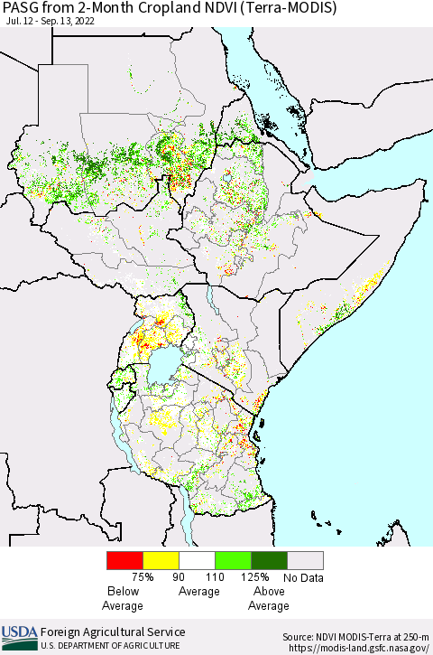 Eastern Africa PASG from 2-Month Cropland NDVI (Terra-MODIS) Thematic Map For 9/11/2022 - 9/20/2022