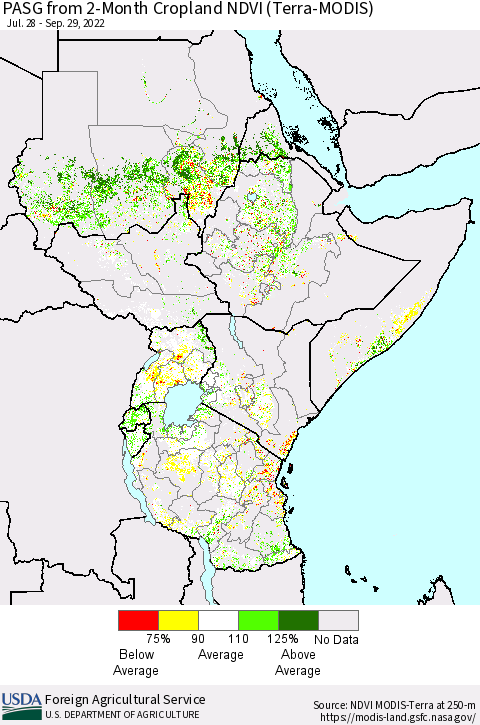 Eastern Africa PASG from 2-Month Cropland NDVI (Terra-MODIS) Thematic Map For 9/21/2022 - 9/30/2022