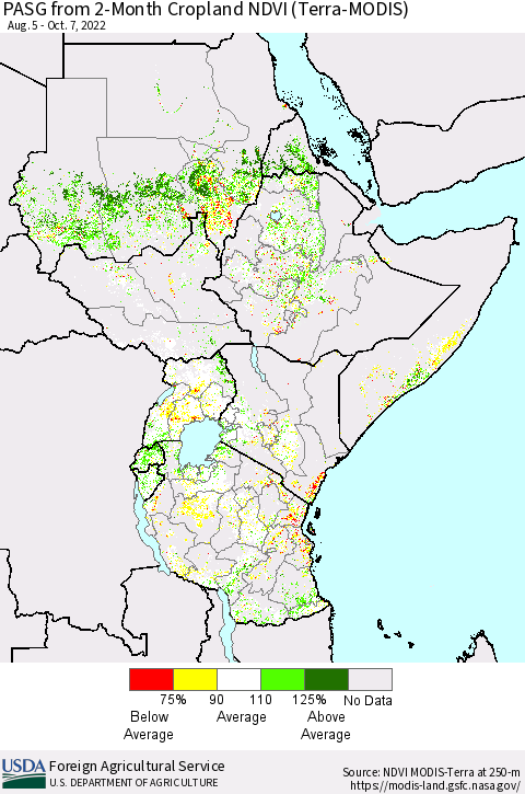 Eastern Africa PASG from 2-Month Cropland NDVI (Terra-MODIS) Thematic Map For 10/1/2022 - 10/10/2022