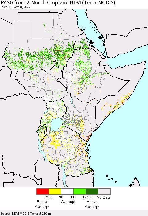 Eastern Africa PASG from 2-Month Cropland NDVI (Terra-MODIS) Thematic Map For 11/1/2022 - 11/8/2022
