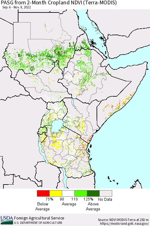 Eastern Africa PASG from 2-Month Cropland NDVI (Terra-MODIS) Thematic Map For 11/1/2022 - 11/10/2022
