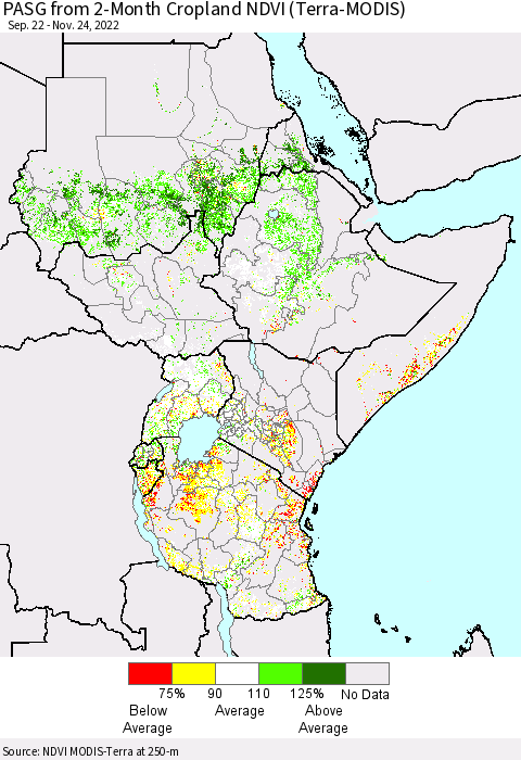 Eastern Africa PASG from 2-Month Cropland NDVI (Terra-MODIS) Thematic Map For 11/17/2022 - 11/24/2022