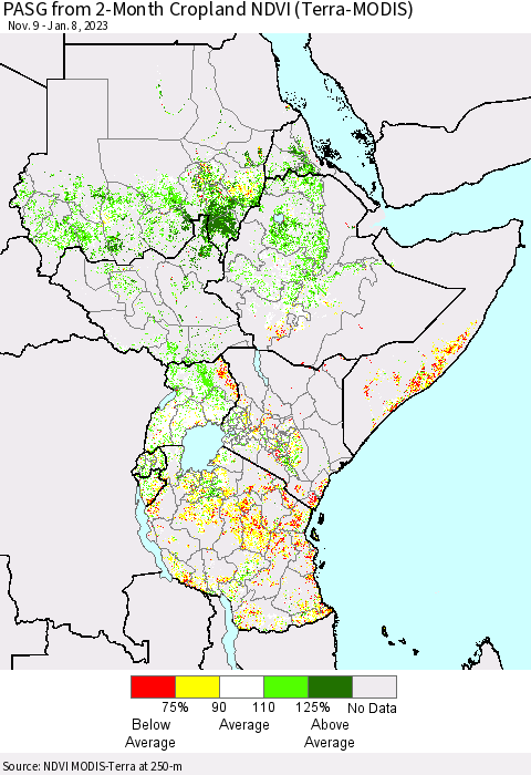 Eastern Africa PASG from 2-Month Cropland NDVI (Terra-MODIS) Thematic Map For 1/1/2023 - 1/8/2023