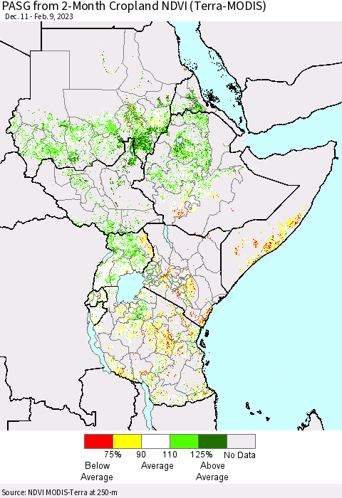 Eastern Africa PASG from 2-Month Cropland NDVI (Terra-MODIS) Thematic Map For 2/2/2023 - 2/9/2023